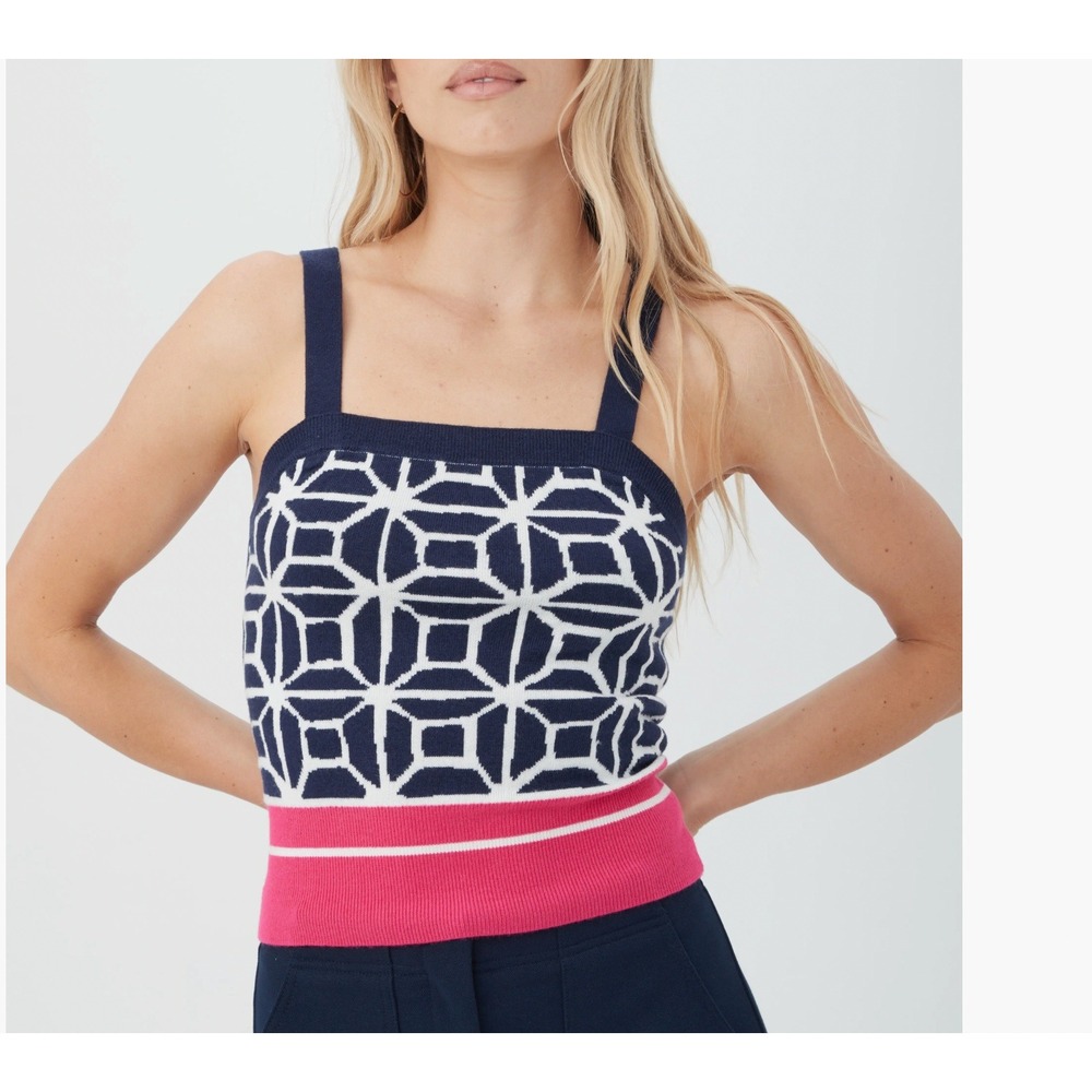 Trina Turk Navy White Geometric Knit Tank‎ Top Pink Accent size Small Preppy NWT
